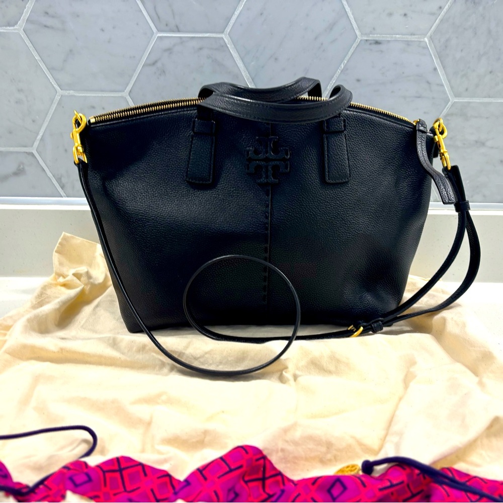 Tory Burch McGraw Black Leather 2 ways Handbag